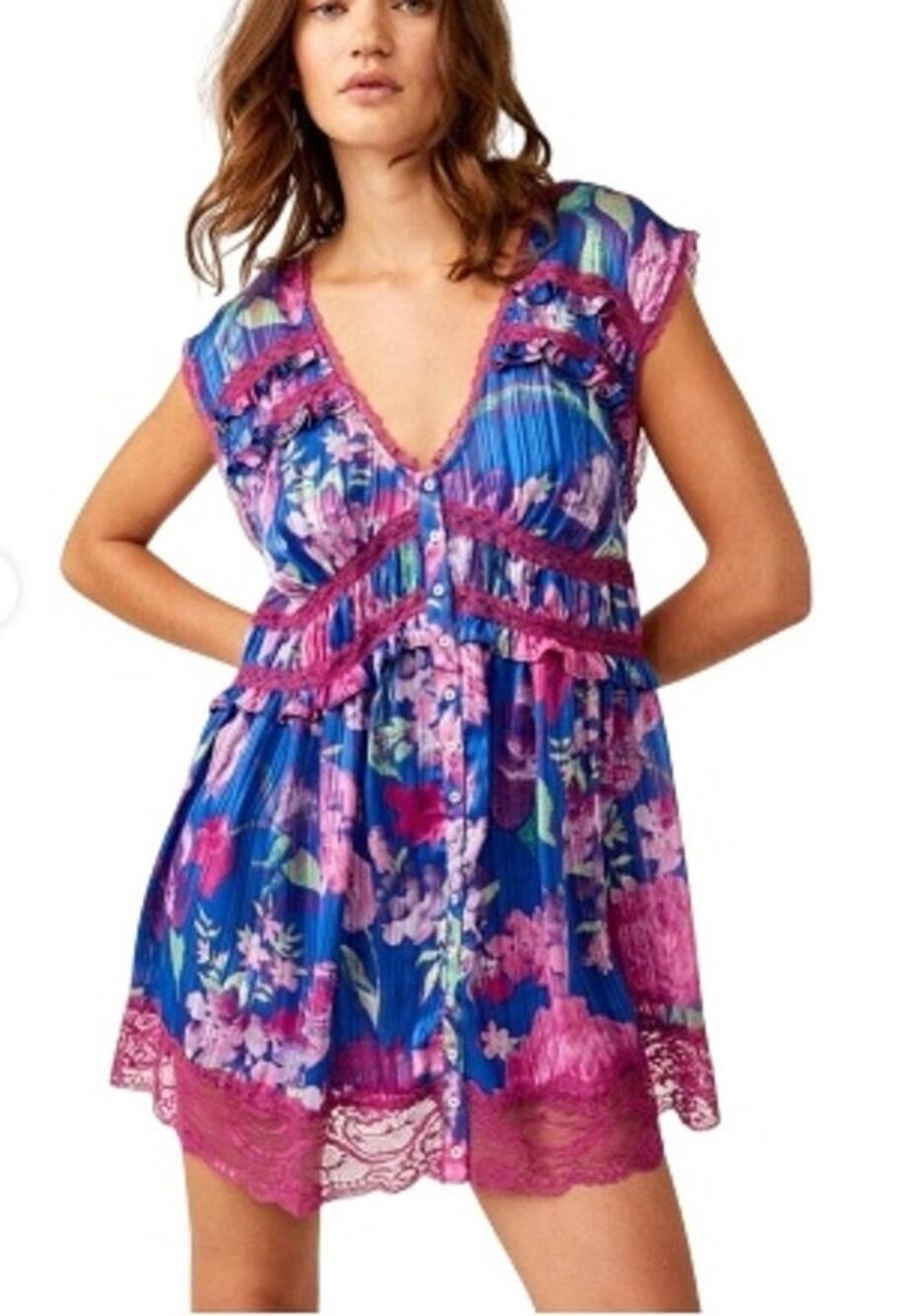 064 NWT Free People Spring Fling Mini Dress | Color Ultra Purple Combo | Size M